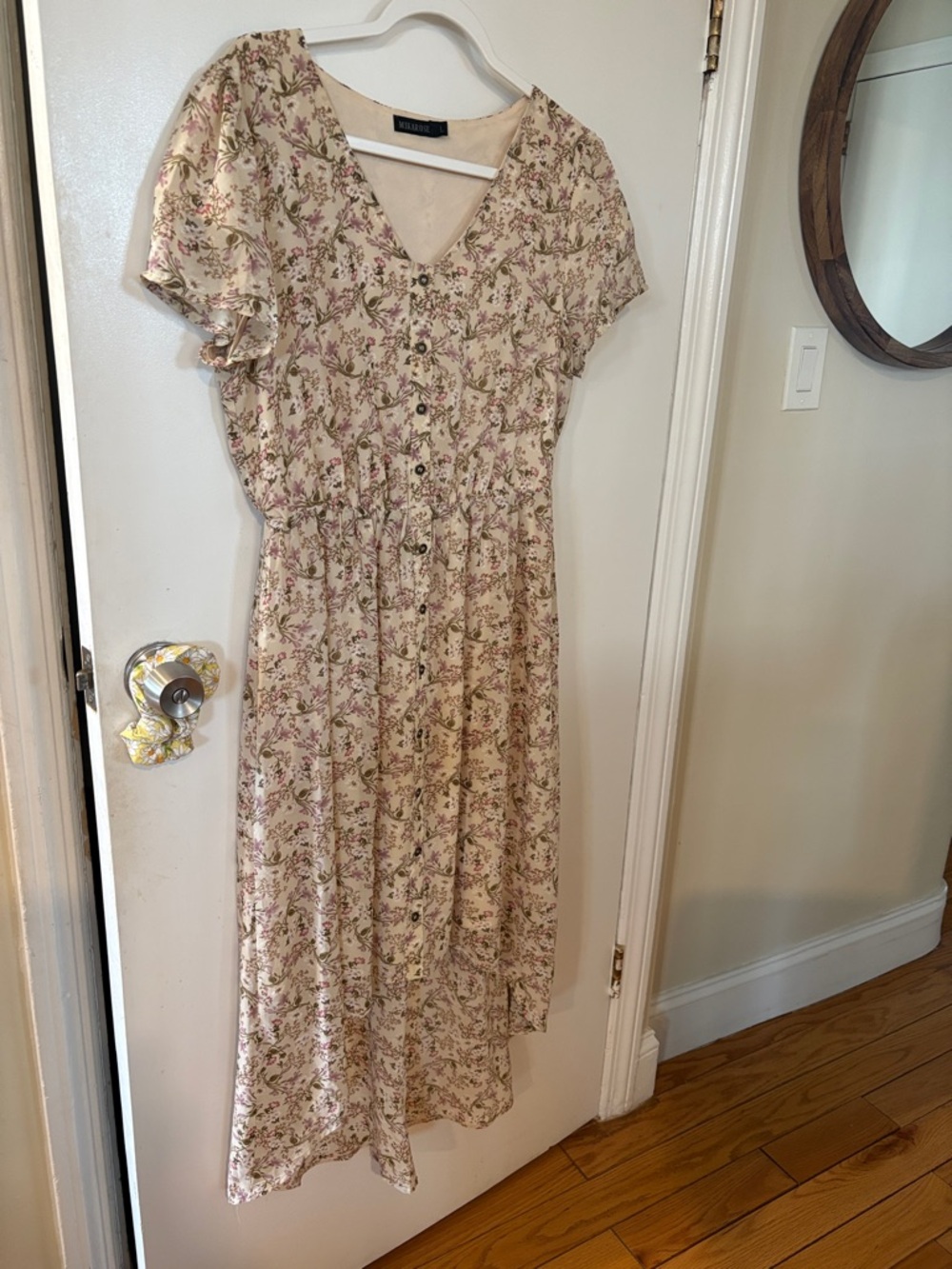 Milkrose Floral High-Low Button-Front Midi Dress in Cream with Pink and Green